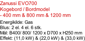 Zanussi EVO700  Kogebord / Bordmodel  - 400 mm & 800 mm & 1200 mm   Energikilde: Gas Blus: 2 el. 4 el. 6 stk. Mål: B400/ 800/ 1200 x D700 x H250 mm Effekt: (11,0 kW) & (22,0 kW) & (33,0 kW)