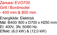 Zanussi EVO700   Grill / Bordmodel  - 400 mm & 800 mm    Energikilde: Elektrisk Mål: B400/ 800 x D700 x H250 mm El: 400V, 3N, 50/60 Hz.  Effekt: (6,0 kW) & (12,0 kW)